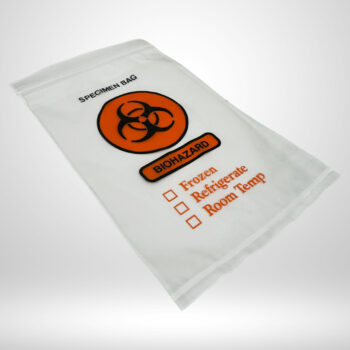 Biohazard bag straight shot clear 6 inch by nine inch clear bag with orange and black lettering on a gray background angled