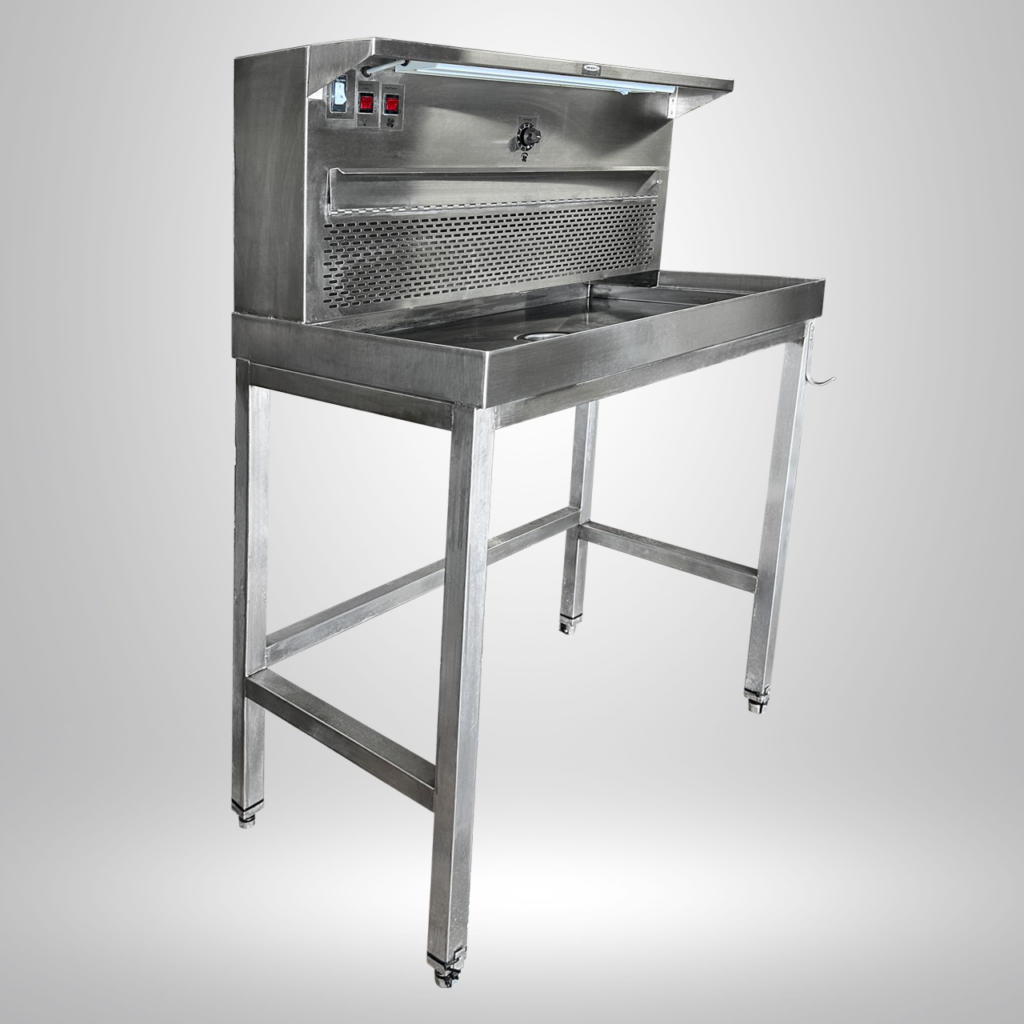 Refurbished Mopec grossing station with legs made from stainless steel.